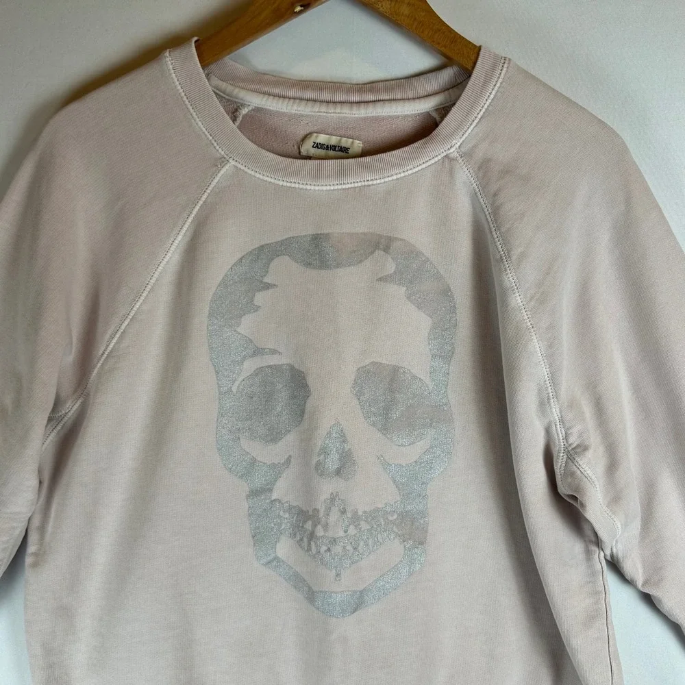 Zadig & Voltaire Womens Pink Skull Graphic Raglan Sweatshirt Silver Metallic M - Picture 6 of 9